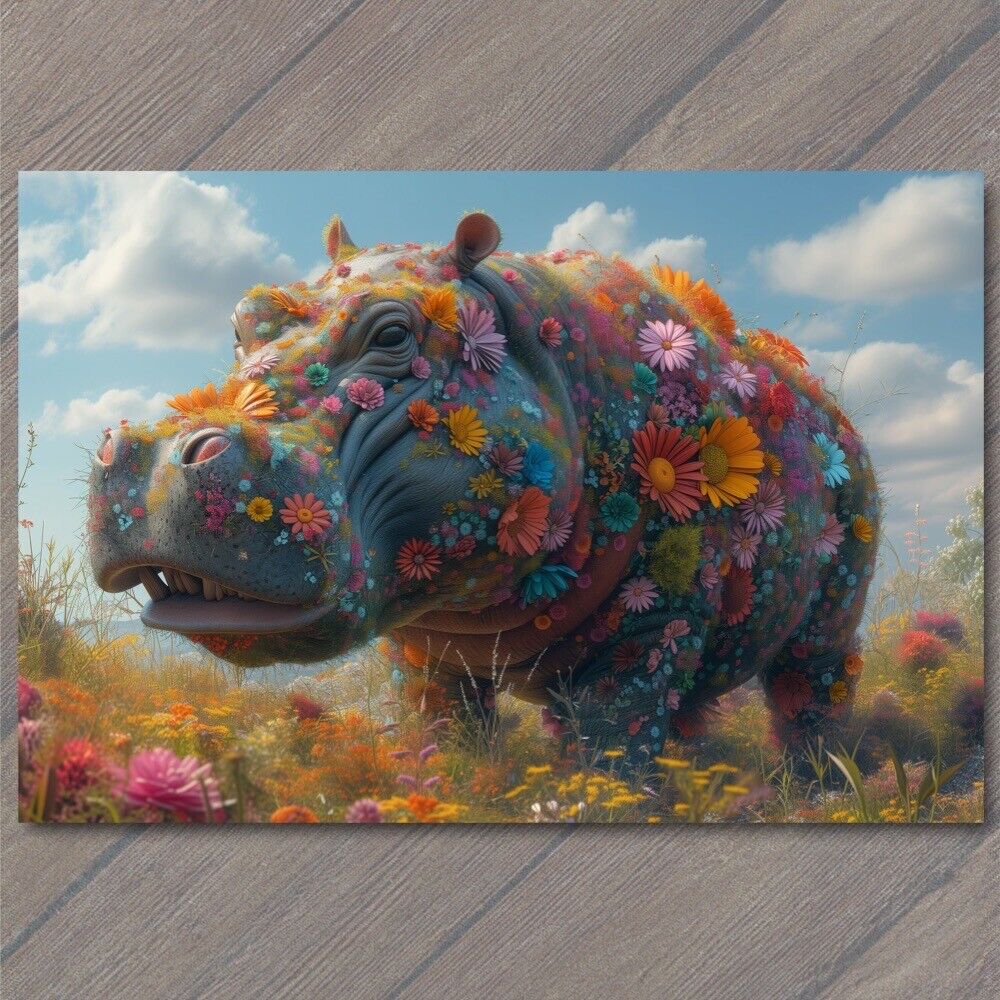 POSTCARD Hippo Covered Flowers Colorful Unreal Strange Cute Fun Unusual Bright