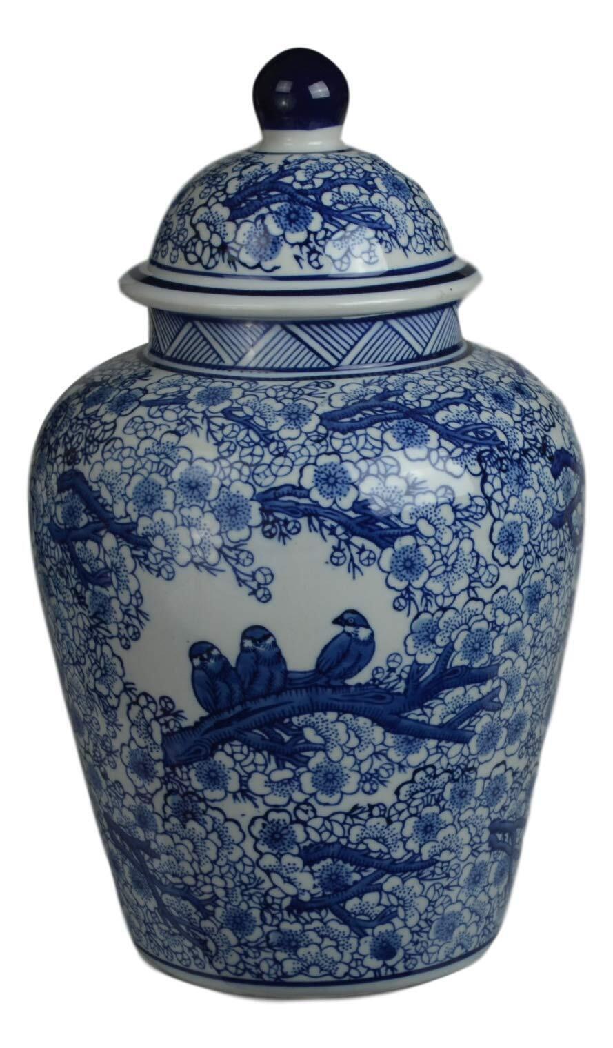 12.5 in Blue and White Porcelain Floral Temple Ginger Jar Vase, China Qing St...