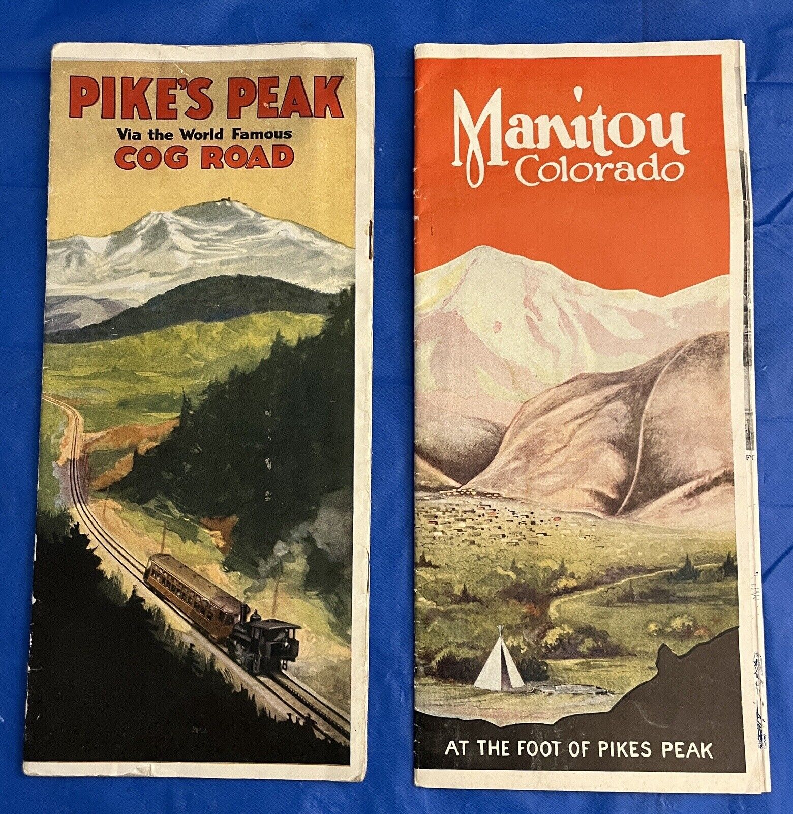TWO 1920s Pikes Peak Cog Rd & Manitou Colorado Springs Brochures Tourist Maps