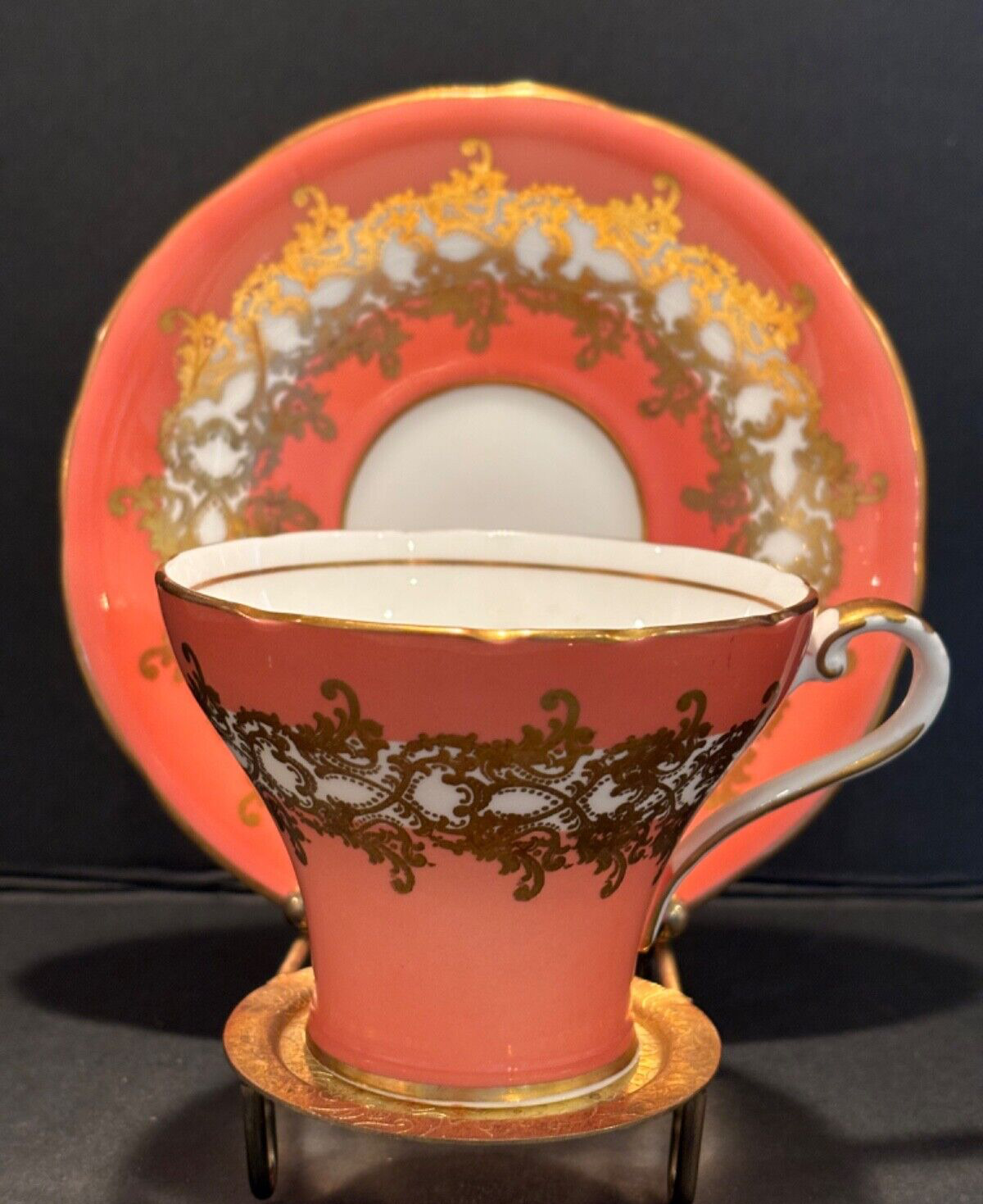 Vintage Aynsley Coral Orange Tea Cup and Saucer With Gold Pat 1215 England