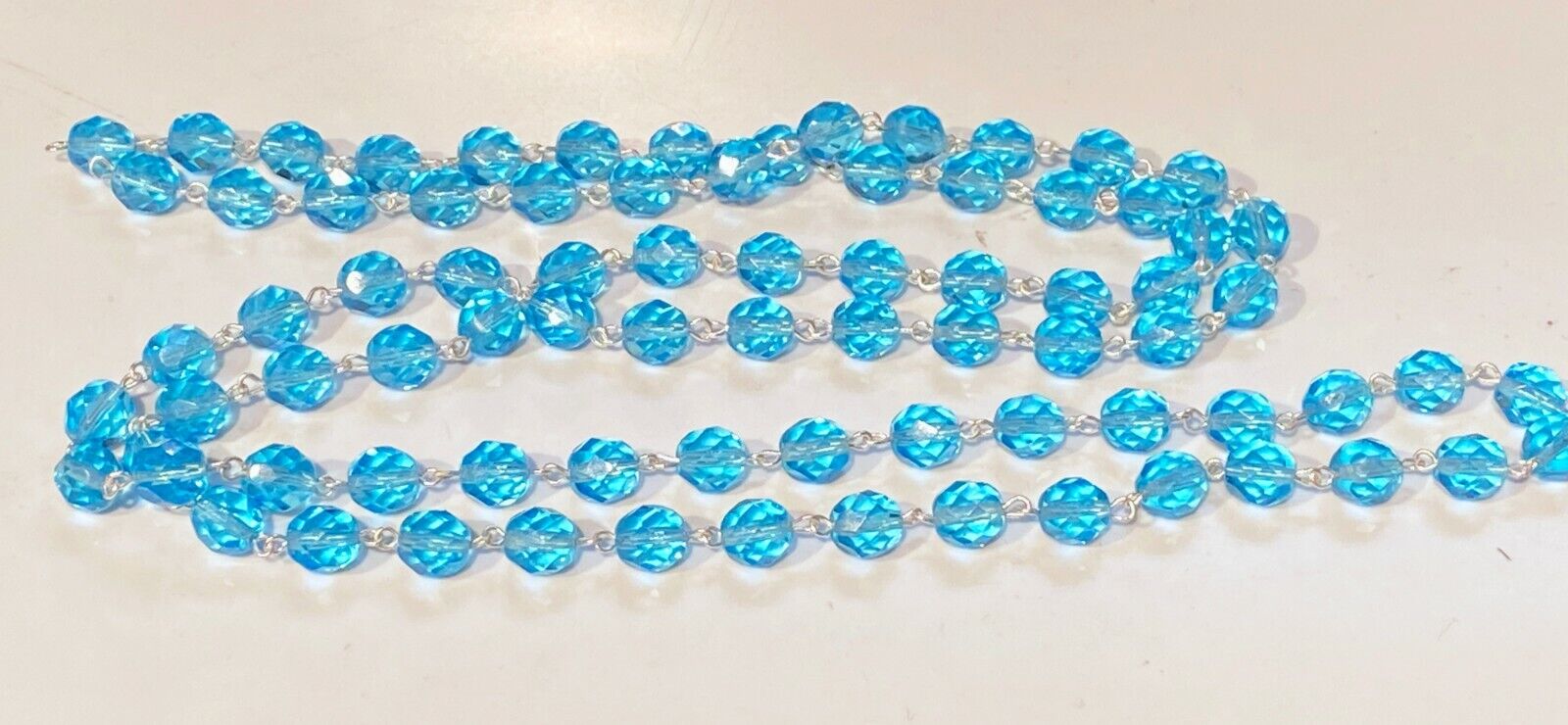 NEW: 1 meter AQUA TEAL Crystal Rosary Chain Silver, 8mm faceted round beads  