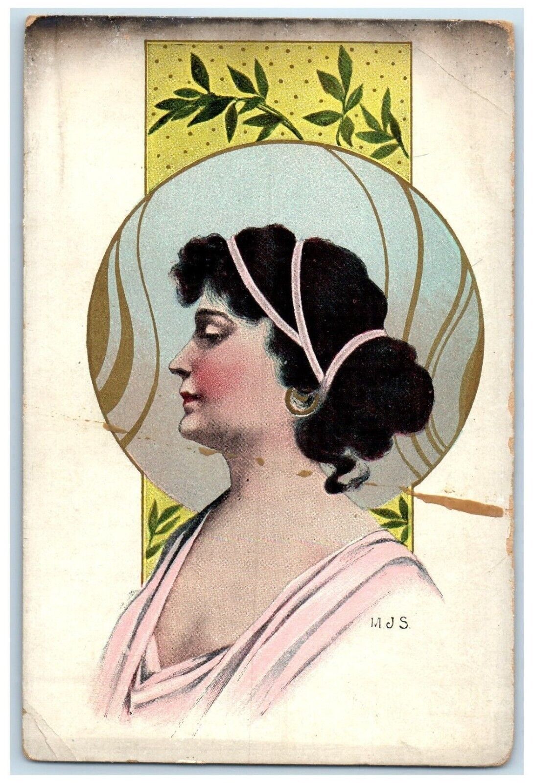 c1905 Pretty Woman Curly Hair Black Art Nouveau Unposted Antique Postcard