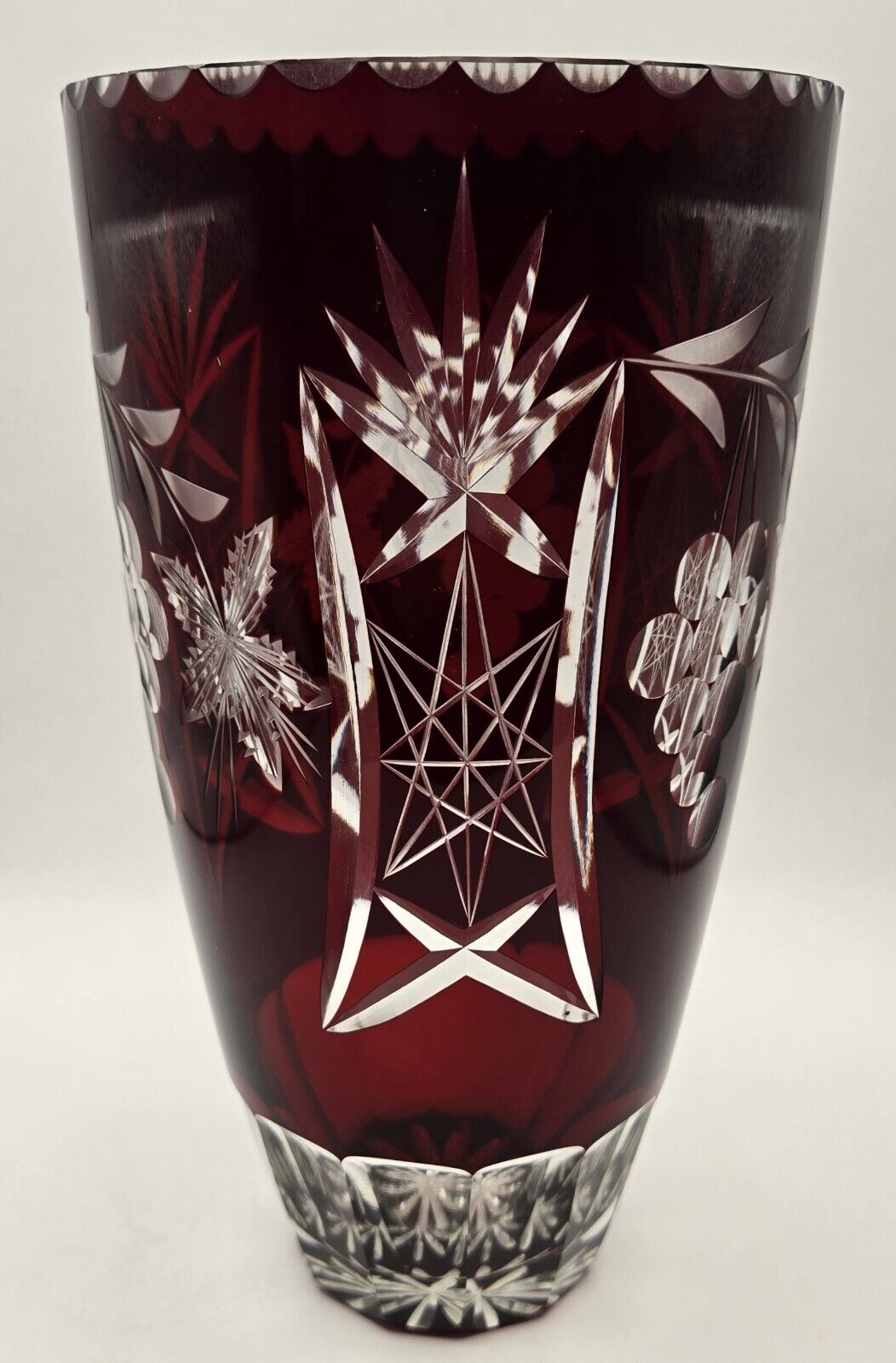 Vintage Czech Bohemian Ruby Red Cut to Clear Crystal Glass Vase 8.25\