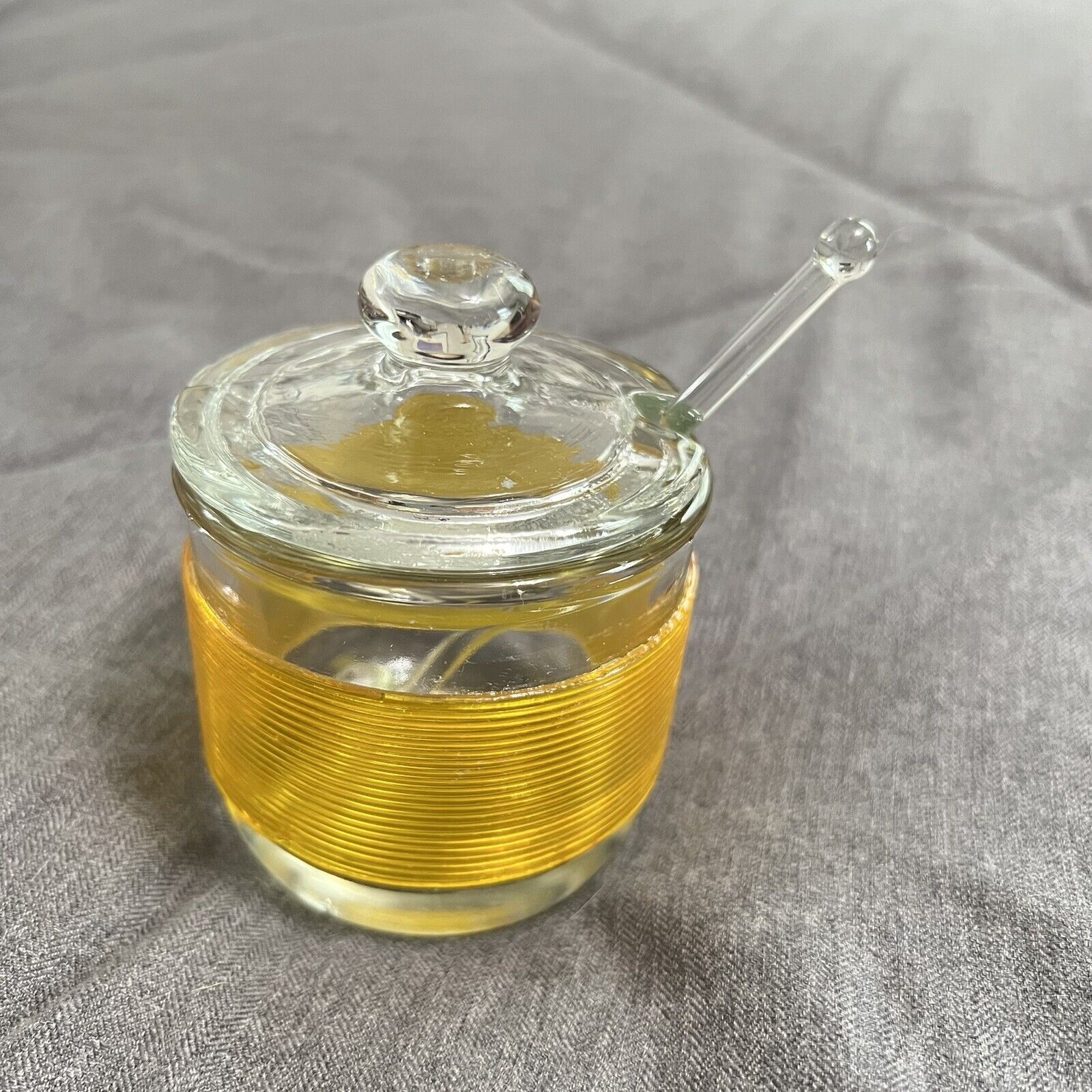 Vintage Jeanette Glass Condiment Jar w Lid & Spoon Clear Orange Banding Glass