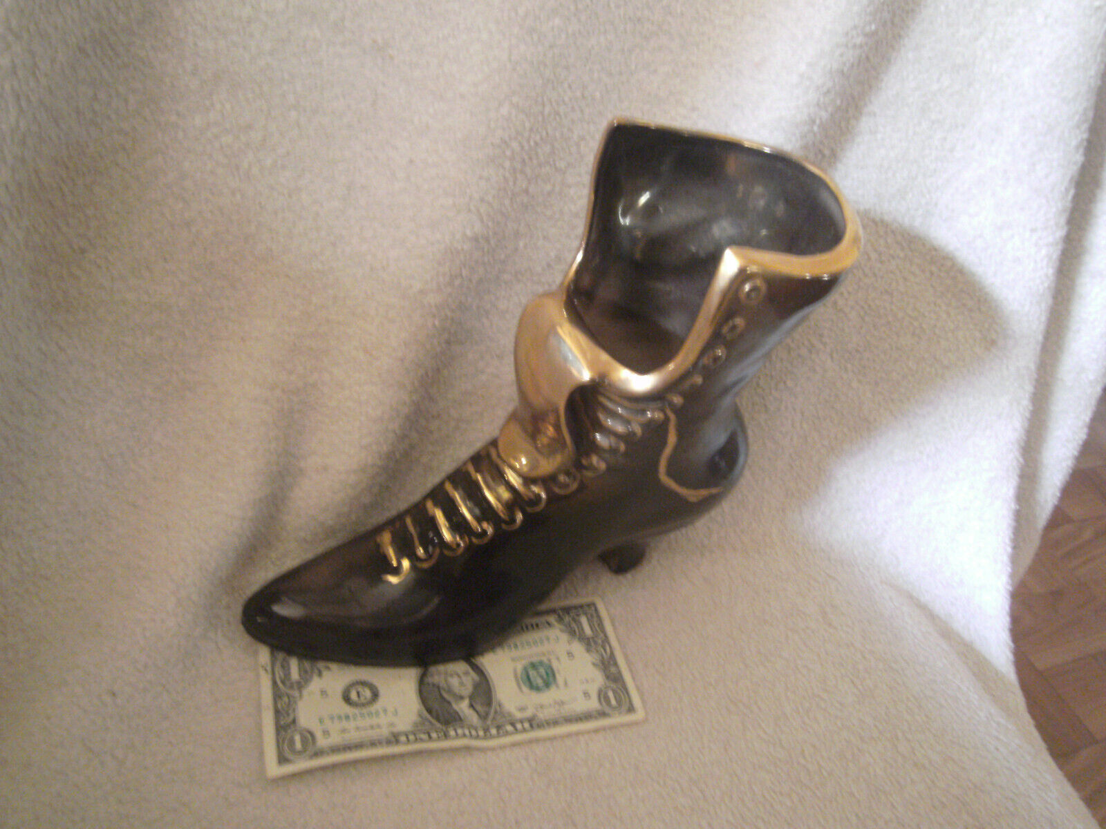 Vintage Victorian Shoe / boot planter Ceramic  Brown with Gold Trim