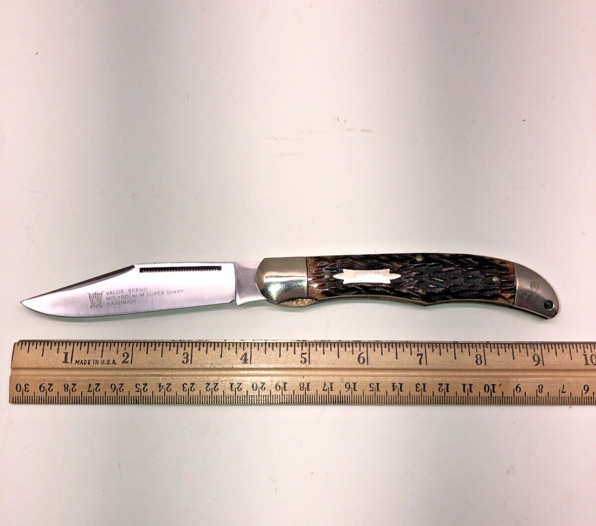 Vintage Valor Hunting Knife #11556 Folding Pocket Knife Bone Handles Japan MINT