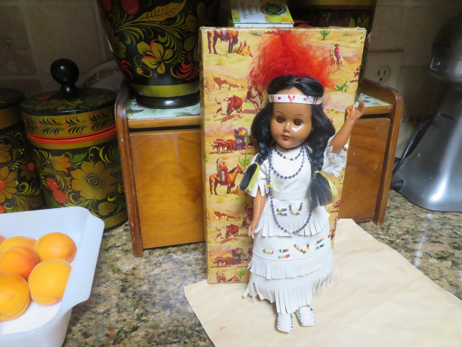 VINTAGE NATIVE AMERICAN INDIAN DOLL-HARD PLASTIC JOINTED-KNICKERBOCKER TOY-10”