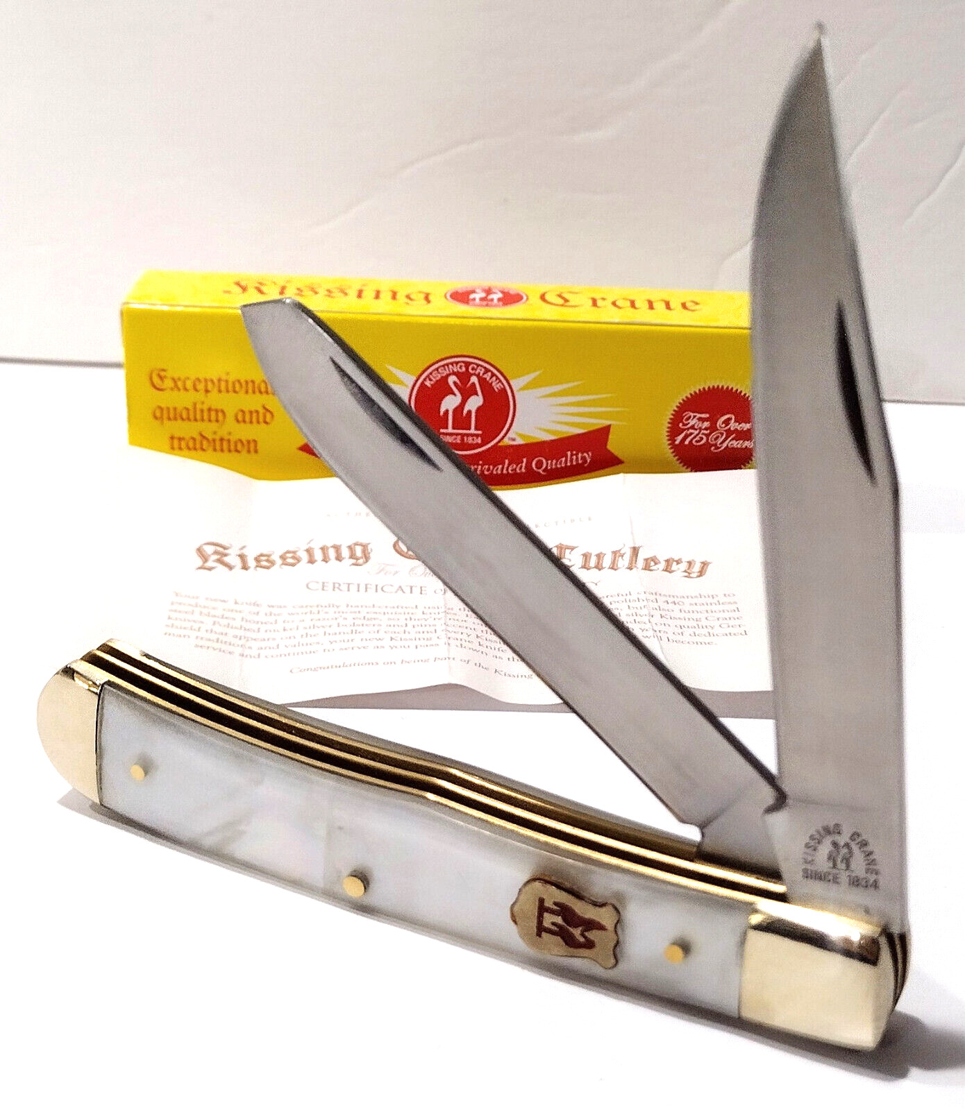 Kissing Crane Genuine White Mother Of Pearl 2 Blade Trapper Folding Pocket Knife
