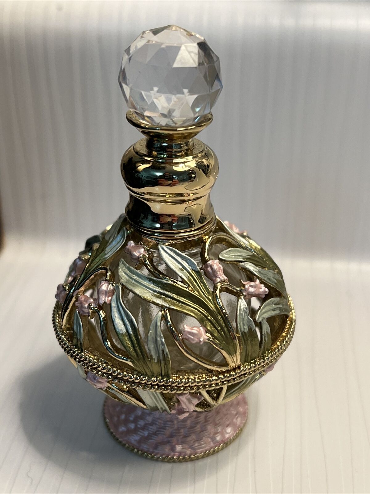 Vtg Ornate Glass Perfume Bottle Enameled Gold Pink Floral Crystal Topper DZ