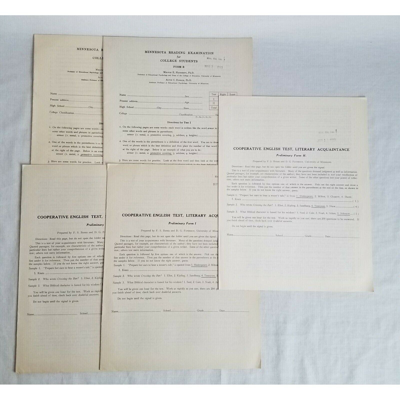 1933 University of Minnesota Cooperative English Tests Literary English Berrs Pa