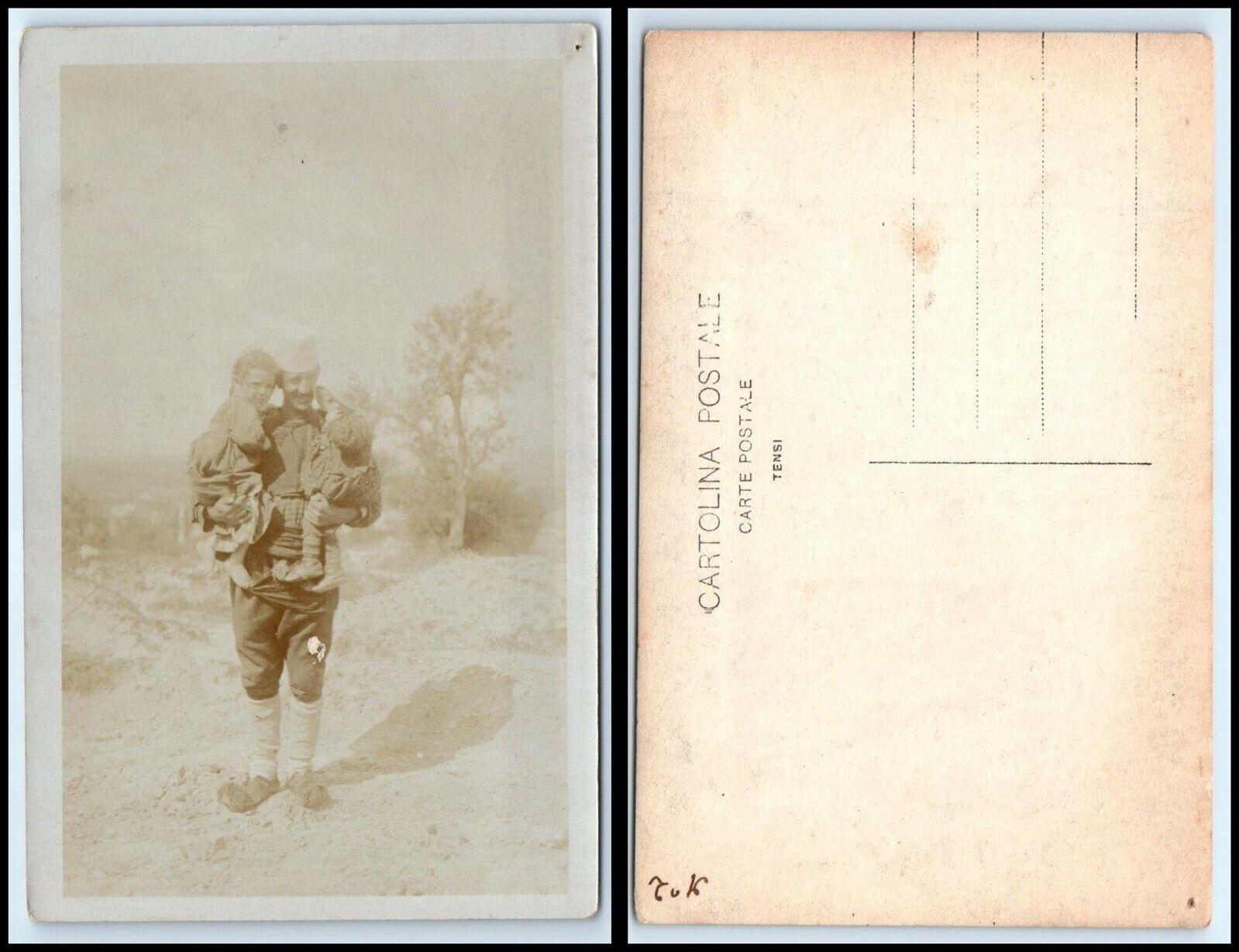 Vintage RPPC Photo Postcard - Italian Man Carrying 2 Young Children DN