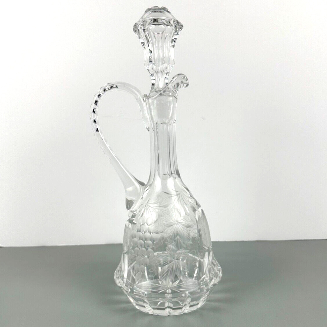 Etched Grapevine Design Crystal Cut Decanter with Stopper and Sturdy Handle