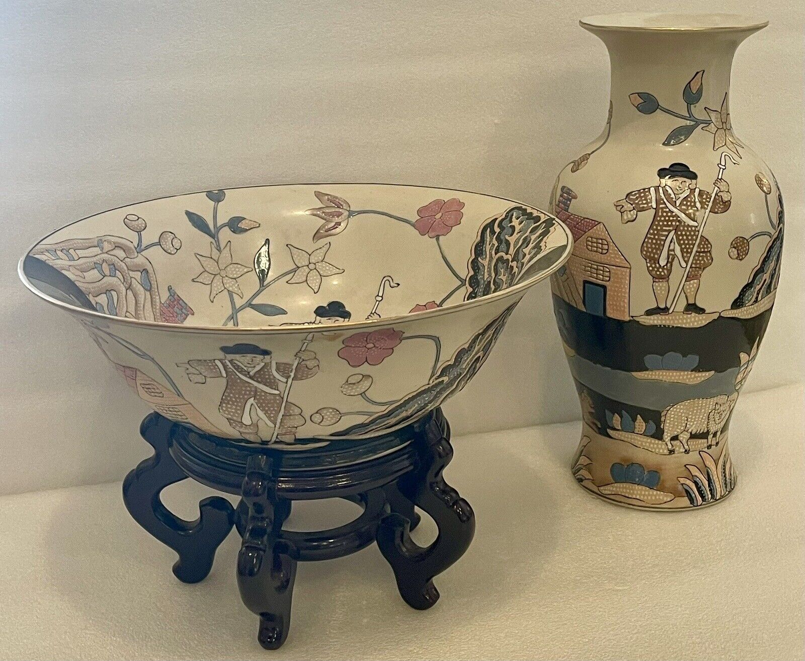 China Trader Chinoiserie Decorative Embossed Bowl 13” & Vase 14” Set Wood Stand