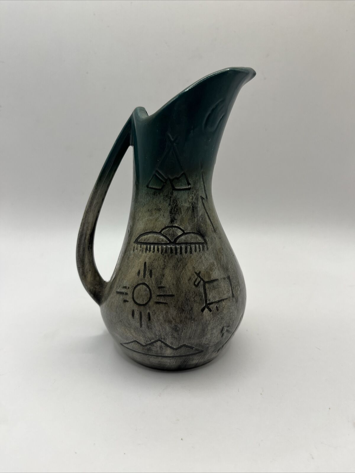 Vintage Native American Pitcher Stoneware Teal Glazed Southwestern Pottery