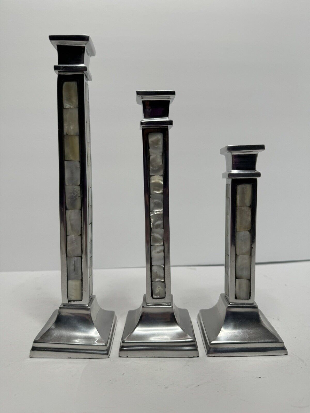 Towle Silversmiths Silver & Mother of Pearl Inlaid Candle Sticks Set of 3 MCM
