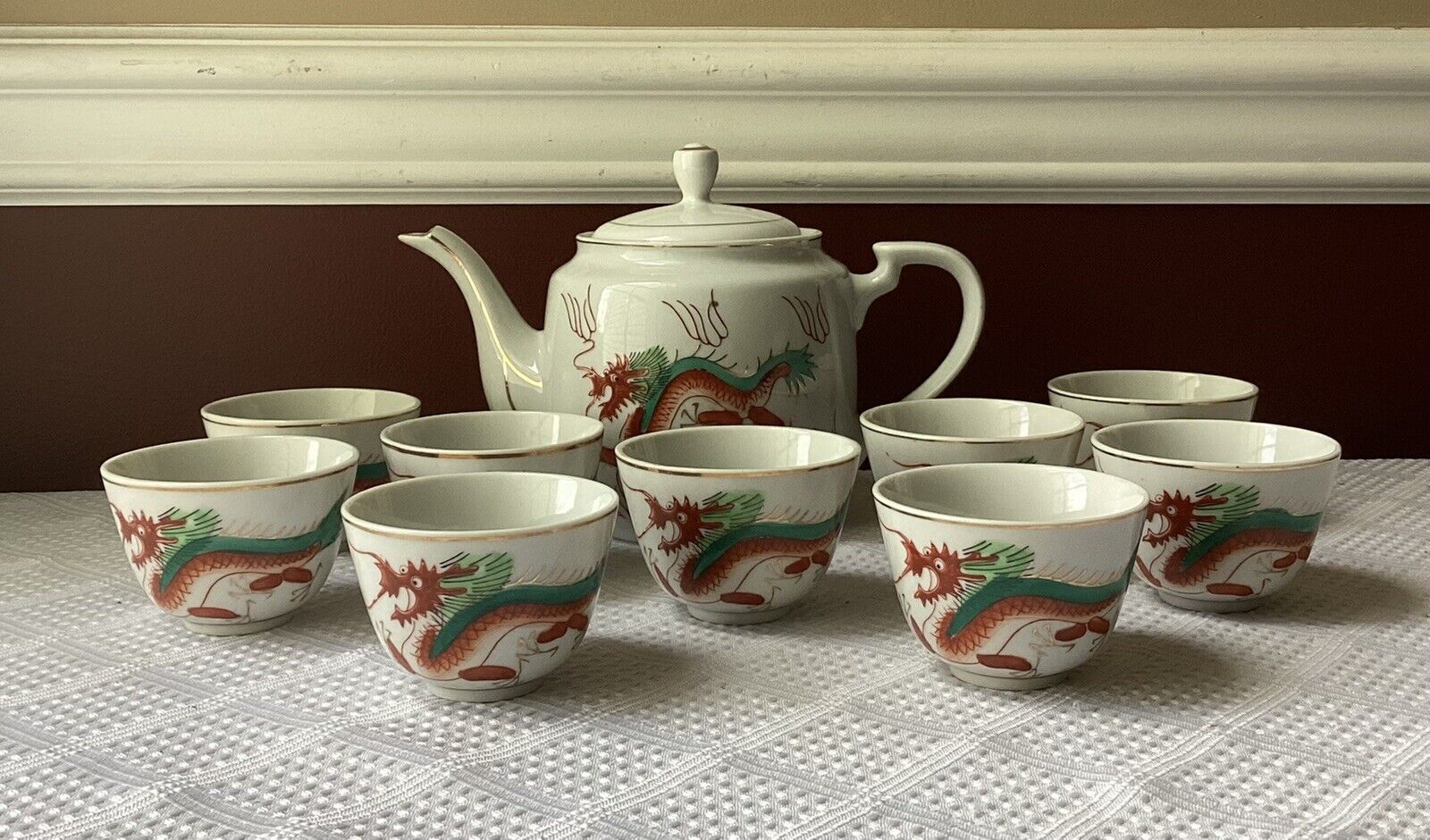 Vintage/ Antique 11-piece Chinese Porcelain Tea Set with Dragon Design