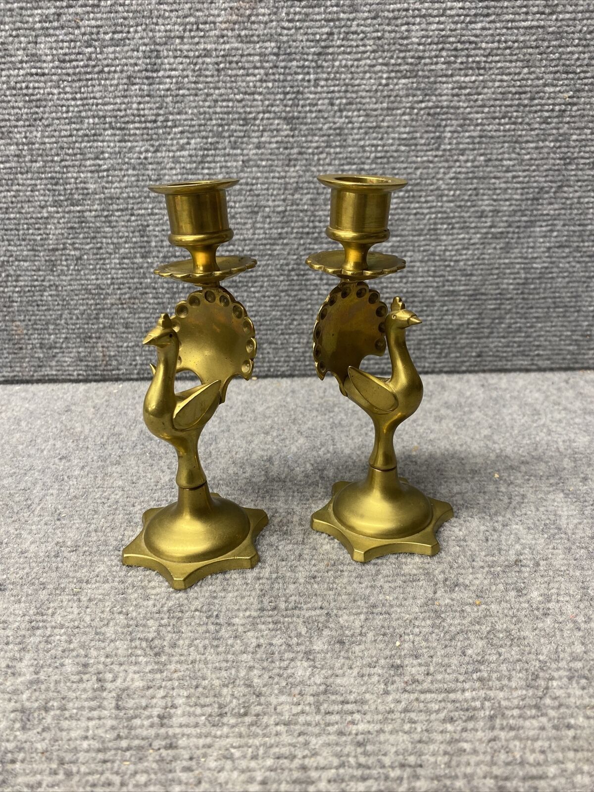 Pair Vintage Brass Peacock Candle Holders Candlesticks