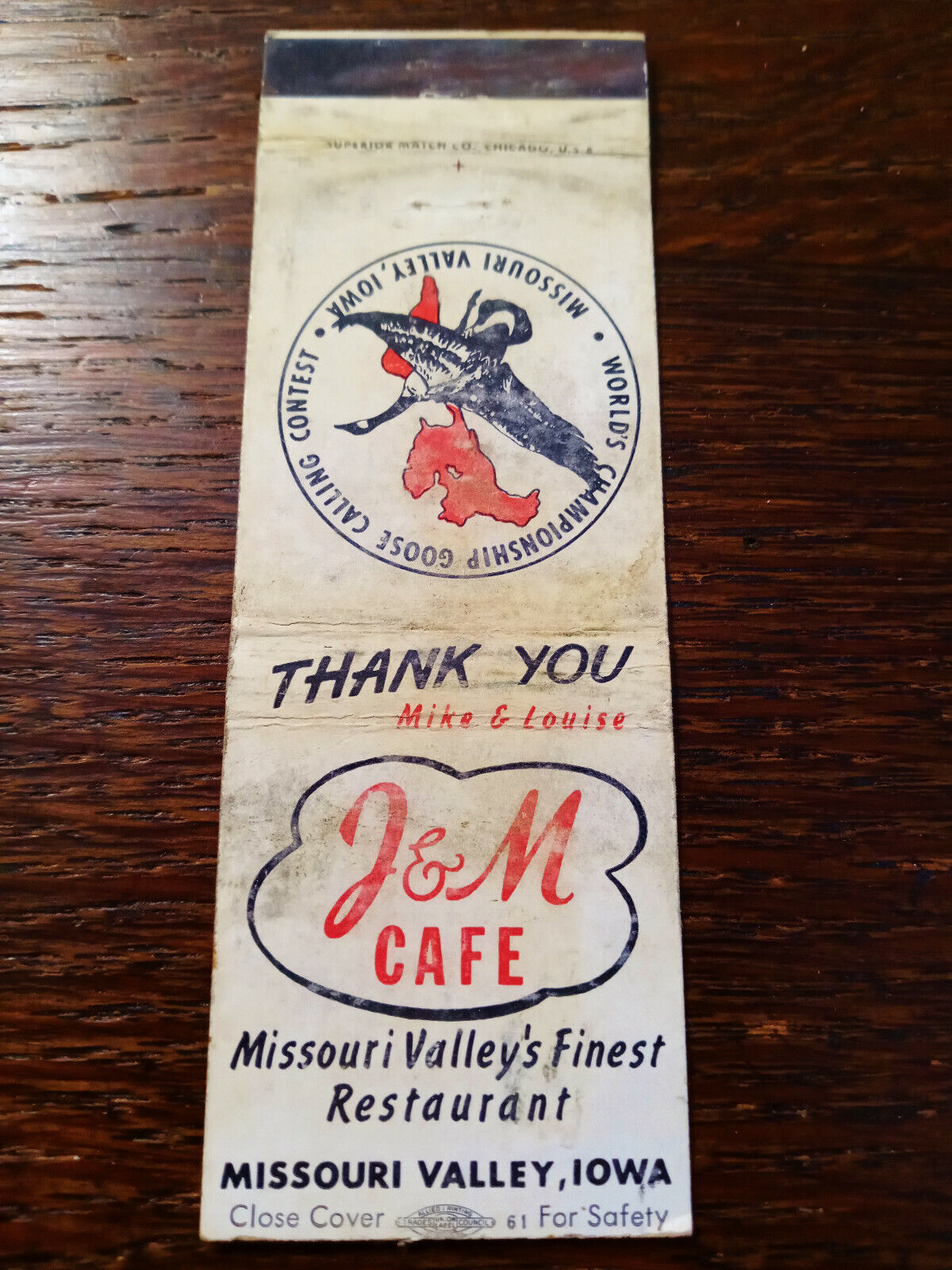 Vintage Matchcover: J&M Cafe, Goose Calling Contest, Missouri Valley, IA