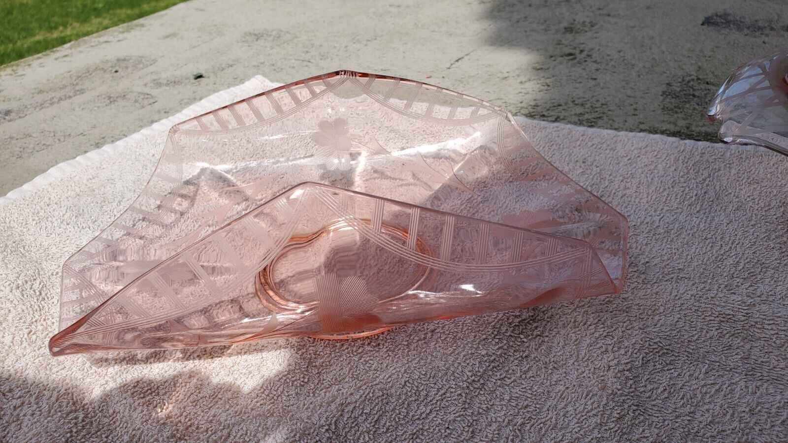 Vintage Pink Depression Etched Glass Centerpiece Bowl Folded Edges 11\