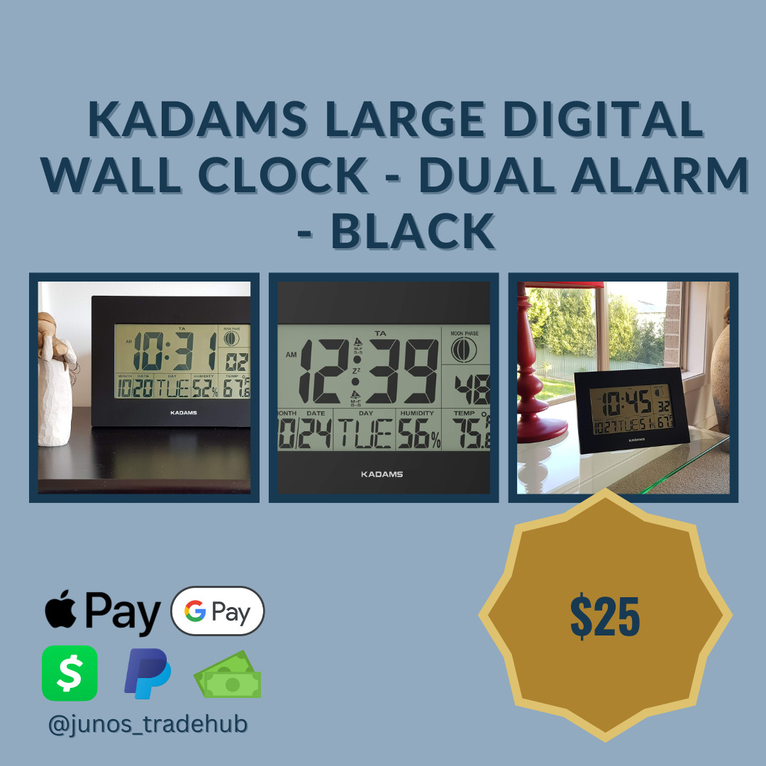 KADAMS Large Digital Wall Clock - Dual Alarm - Black