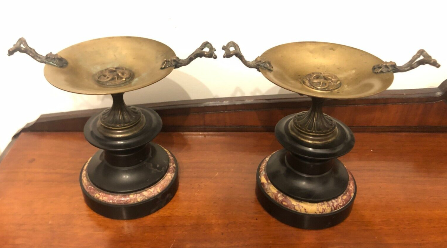 Jules Moigniez Antique Bronze & Marble Tazza Tray 19th Century France - Set of 2