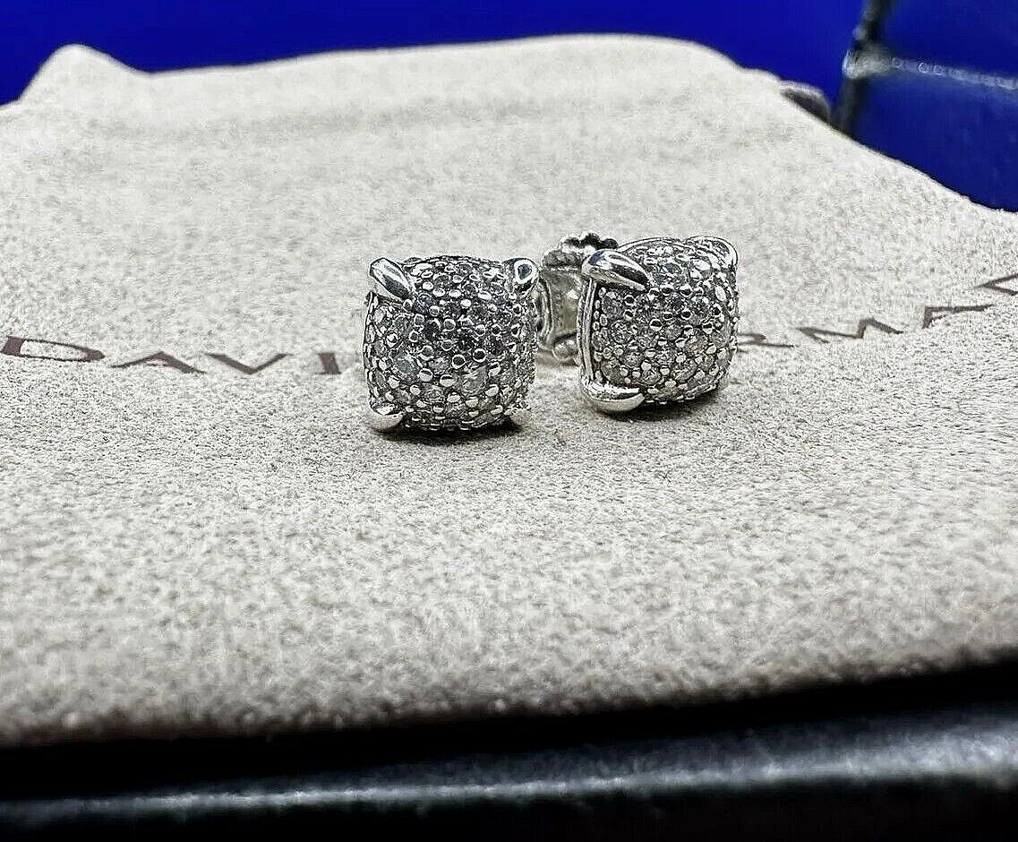 David Yurman Sterling Silver 7mm Earrings Pave Diamonds Petite Studs