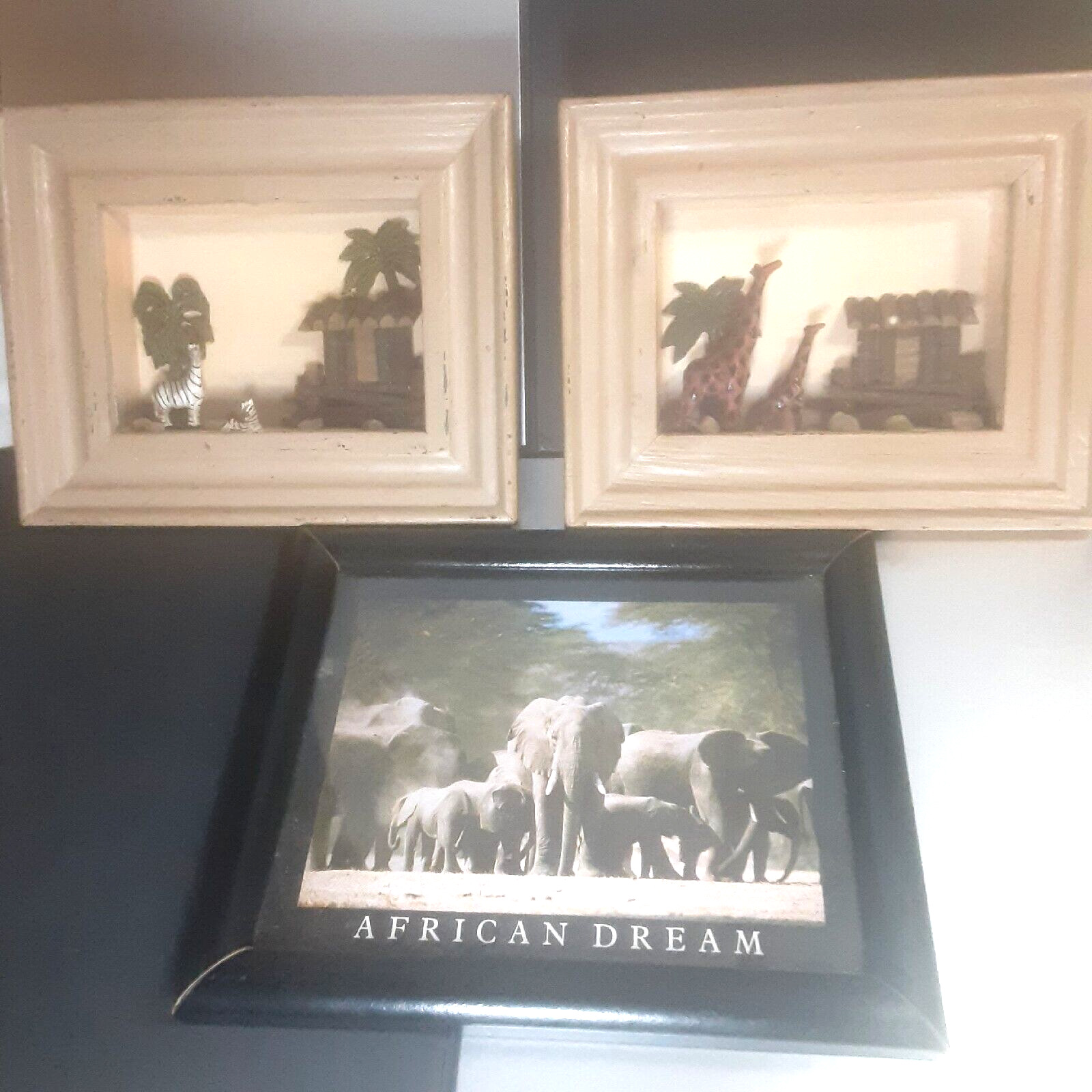 African Themed Elephant Picture Frame/2 shaddow Boxs Zebra, Giraffe Lot 3 wood
