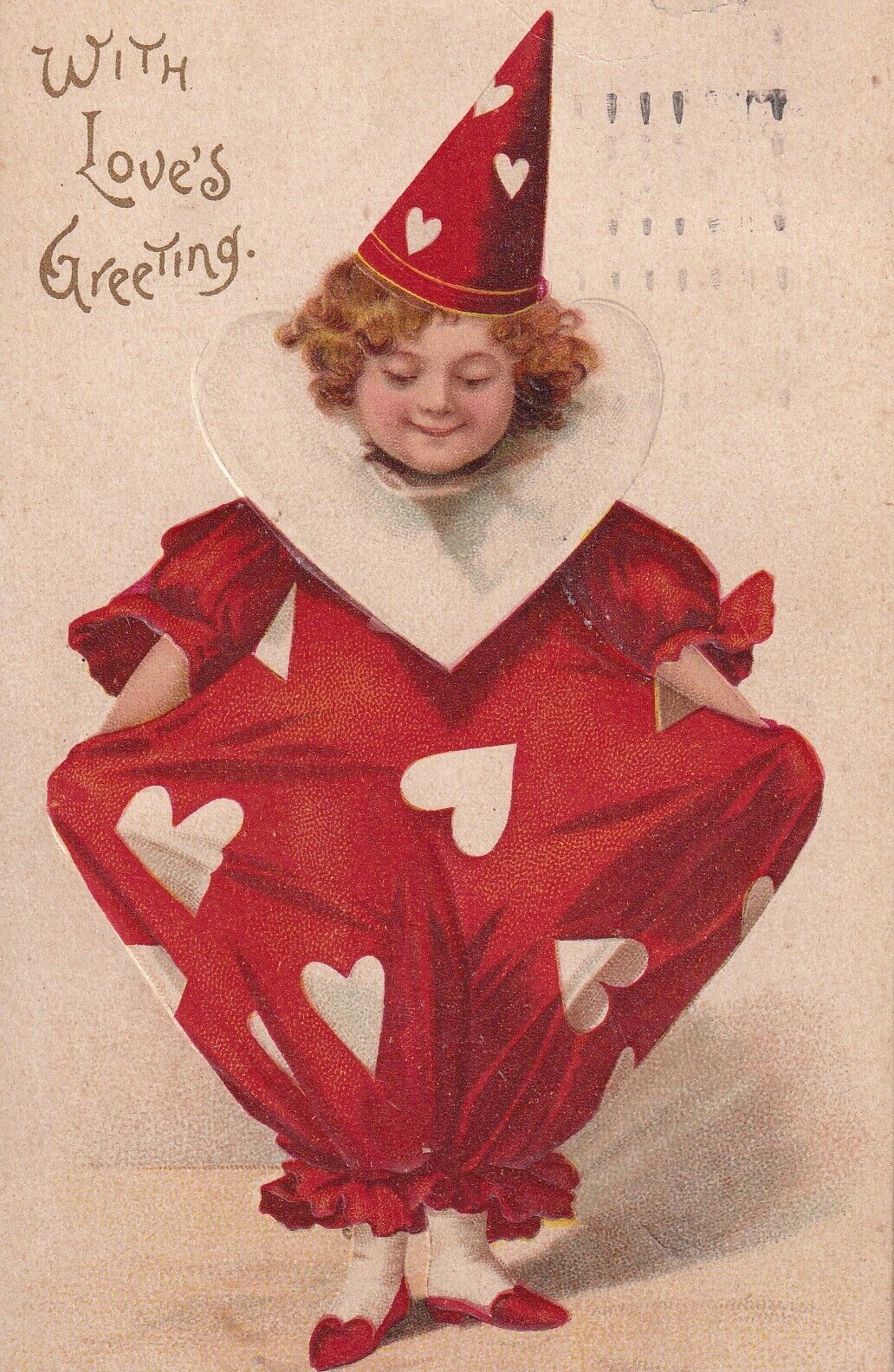 Vintage With Loves Greeting Valentine Postcard Early 1930s Young Girl Clown Suit