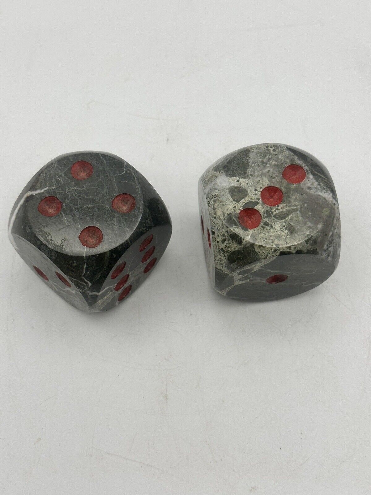 Paperweight 2” Set Of 2 Black Zebra Jasper Dice With Red Painted Number Pips