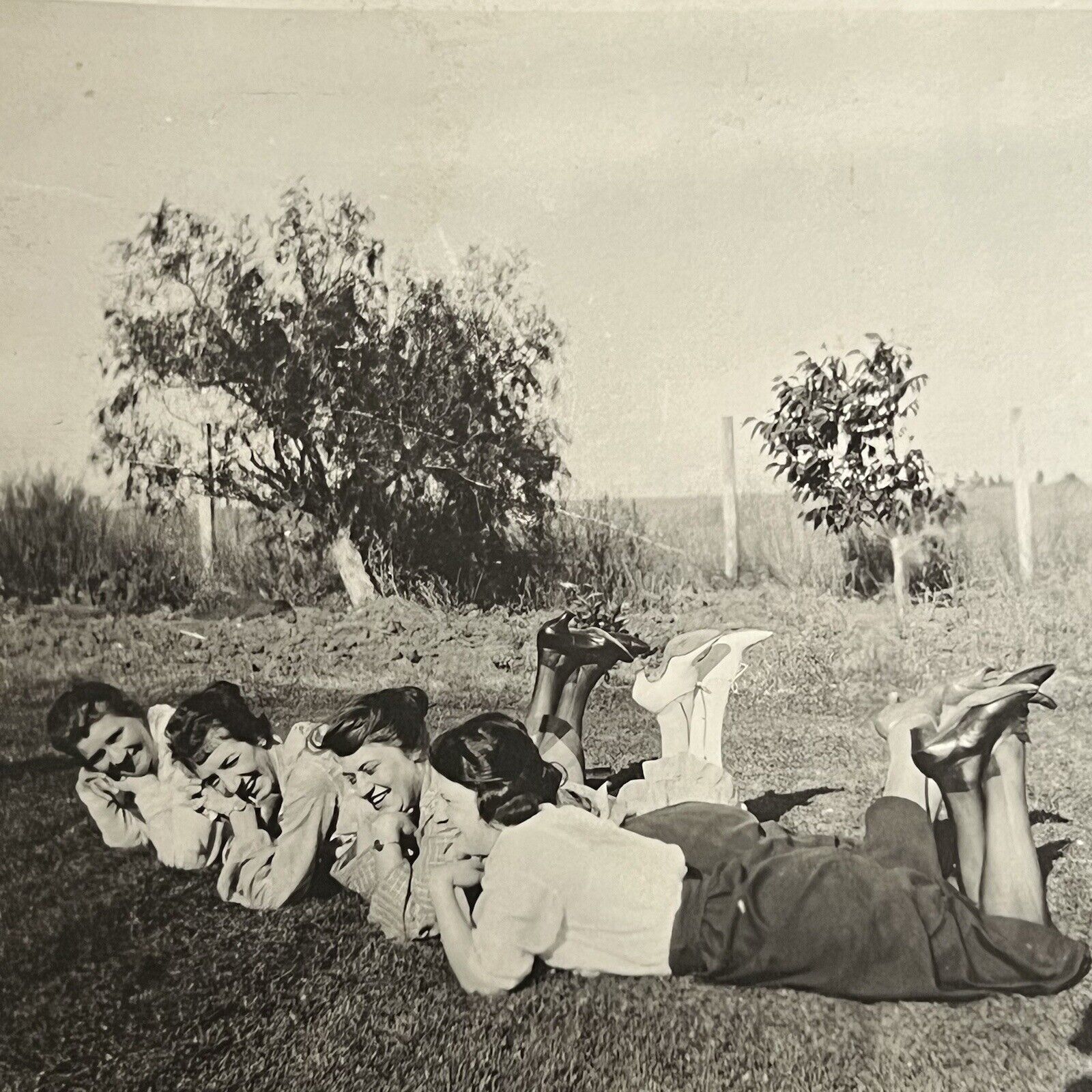 Antique Snapshot Photograph Beautiful Charming Young Women Laying In Grass