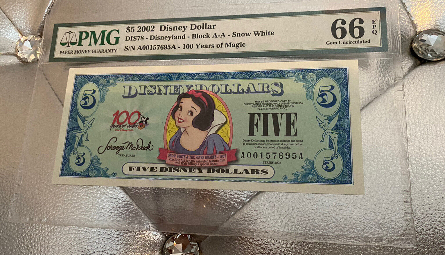PMG 66 2002 $5 Snow White Disney Dollar Block AA