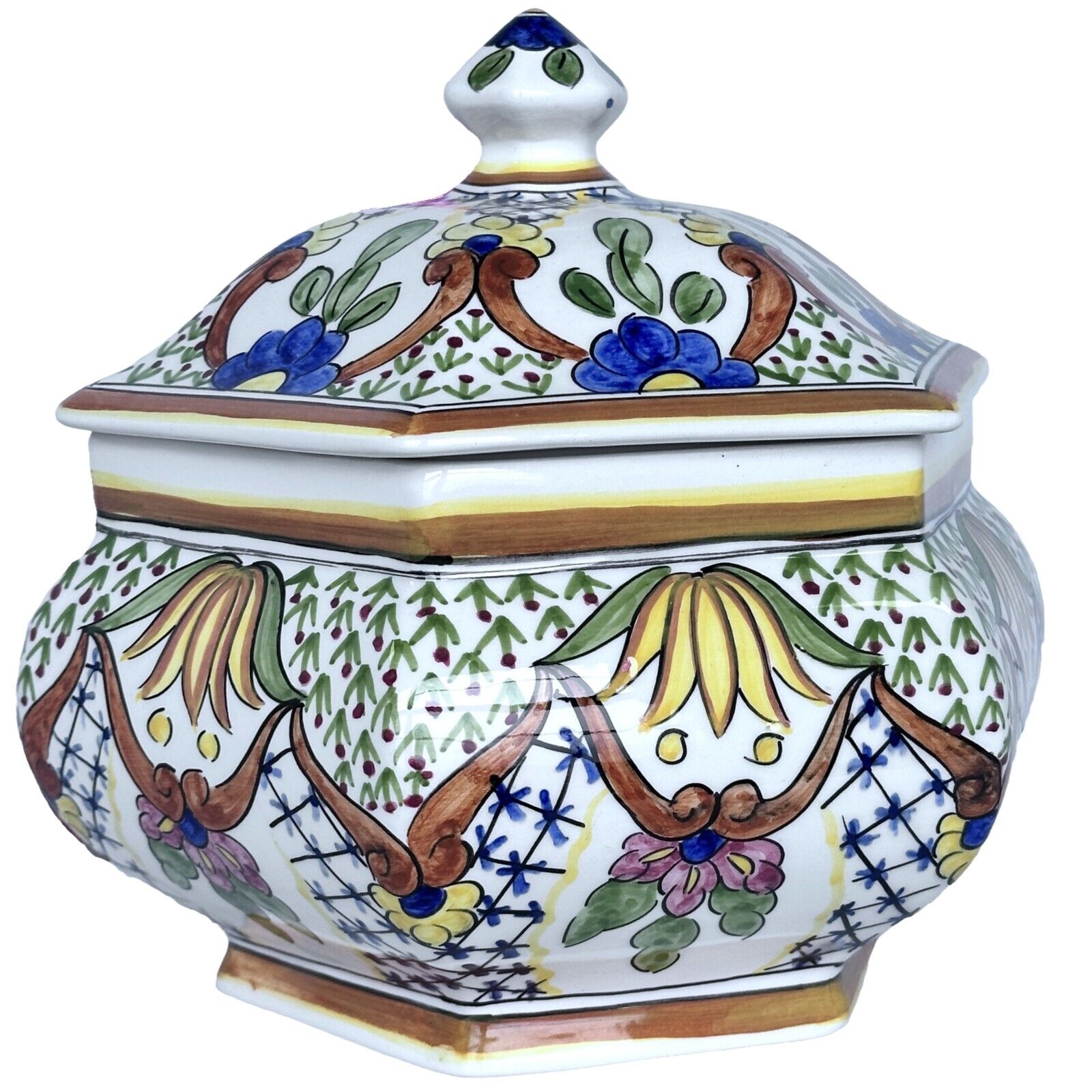 Ceramics de Coimbra Portugal SEC XVII Ceramic Bowl Hand Painted Hexagon w/Topper