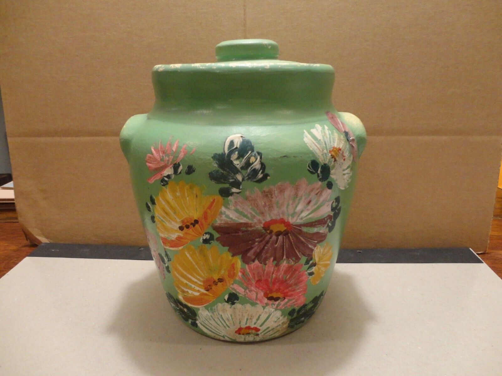 Pottery Cookie Jar Cannister Green with Flowers