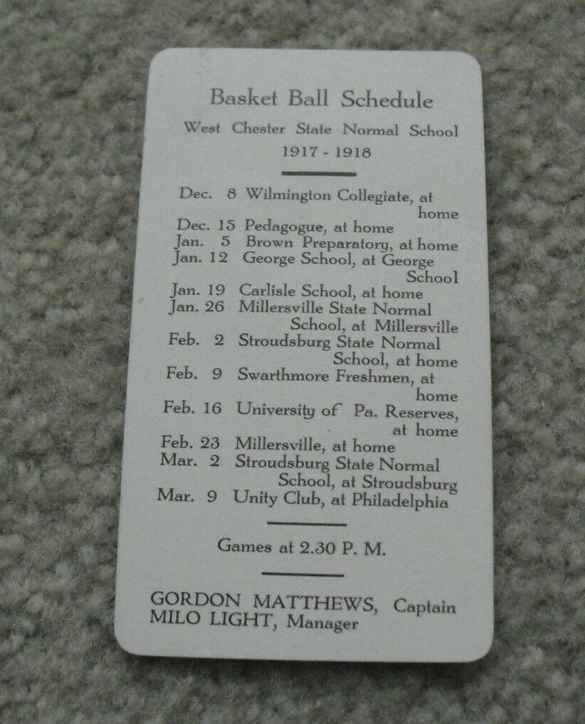 Original 1917 1918 West Chester Normal Sch University Basketball Schedule Card