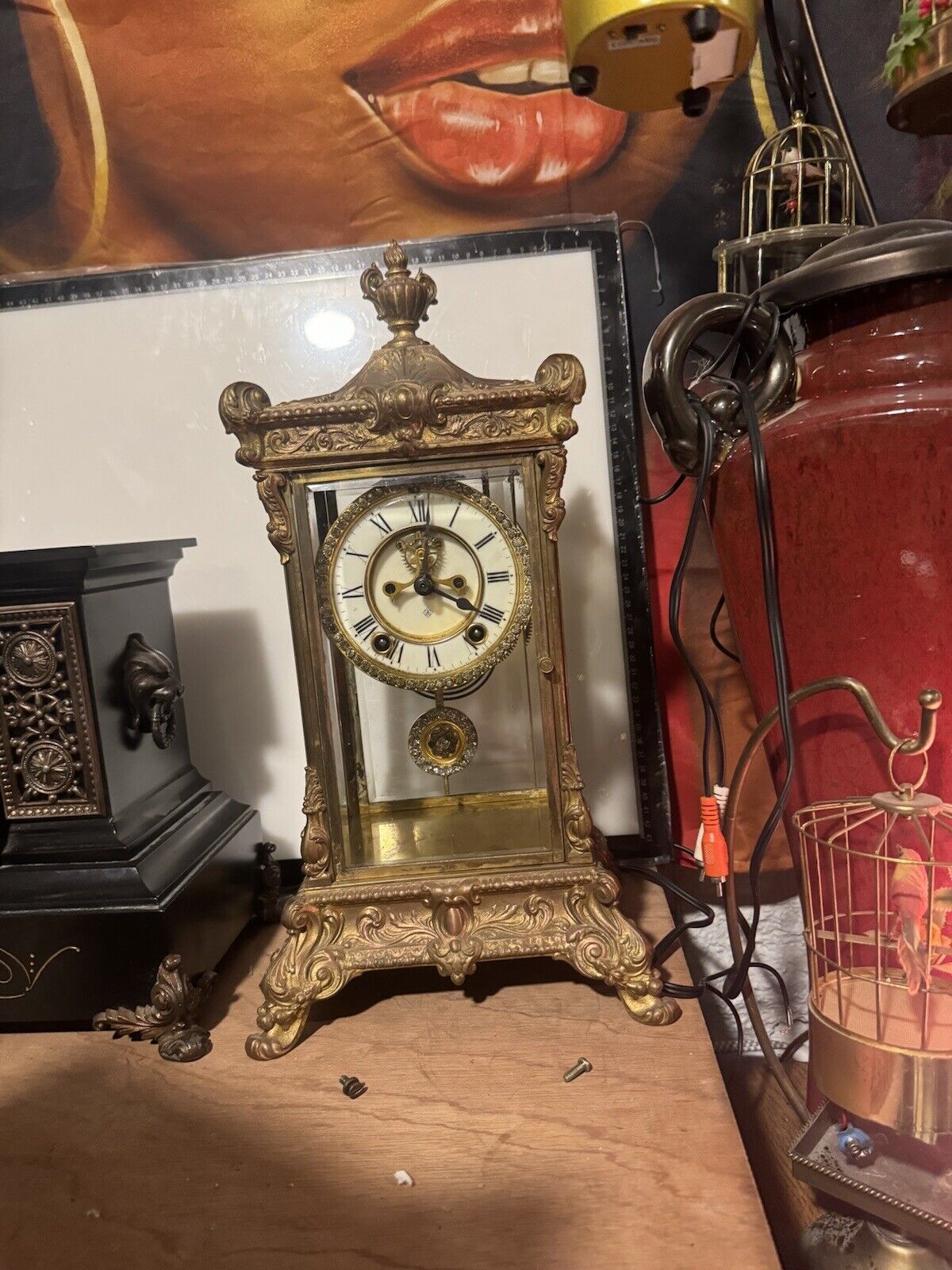 Ansonia Rhinestone? Encrusted Crystal Regulator Shelf Clock Vintage Antique ￼