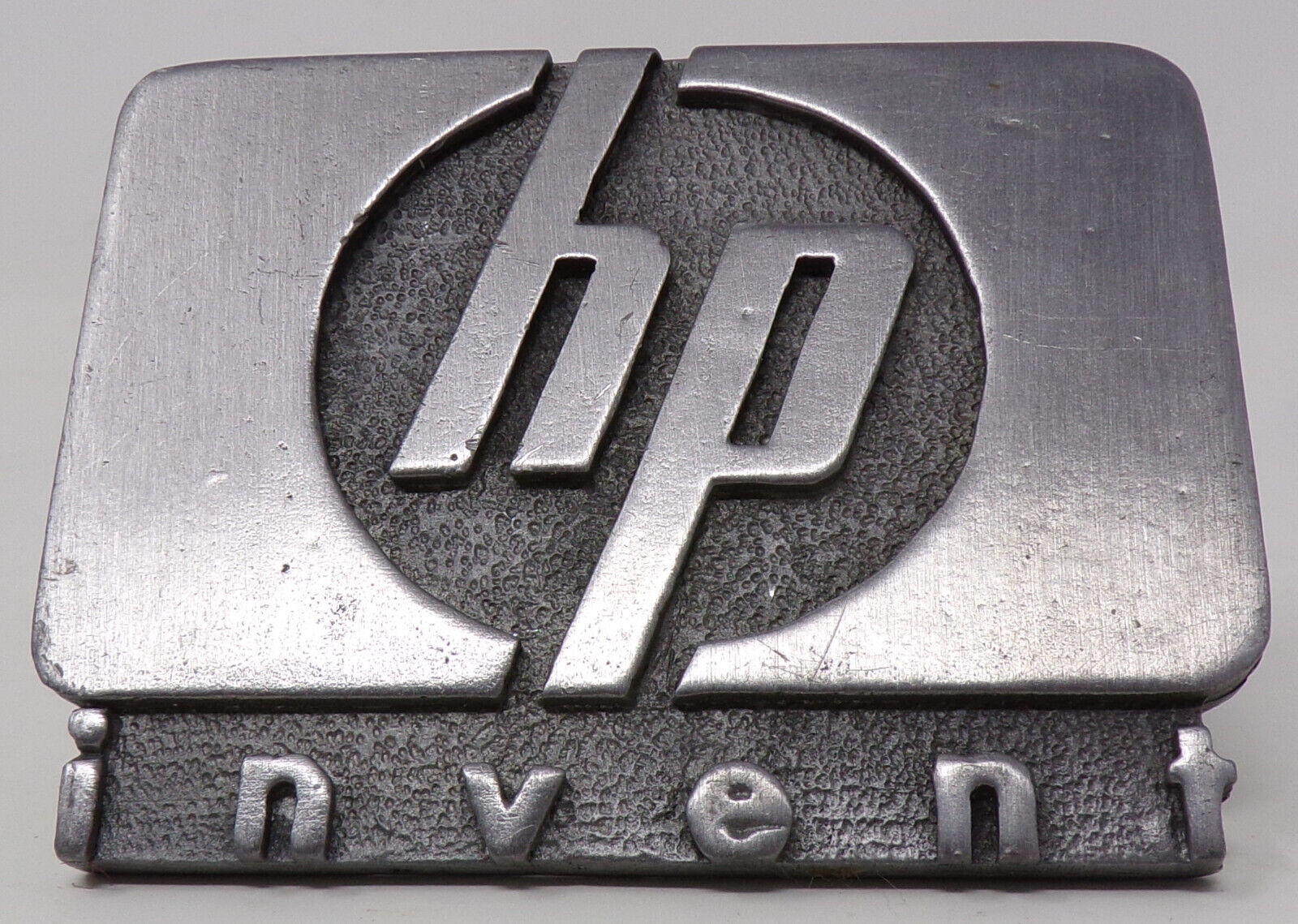Hewlett Packard HP Invent Pewter Logo Sign Desk Stand Paperwight
