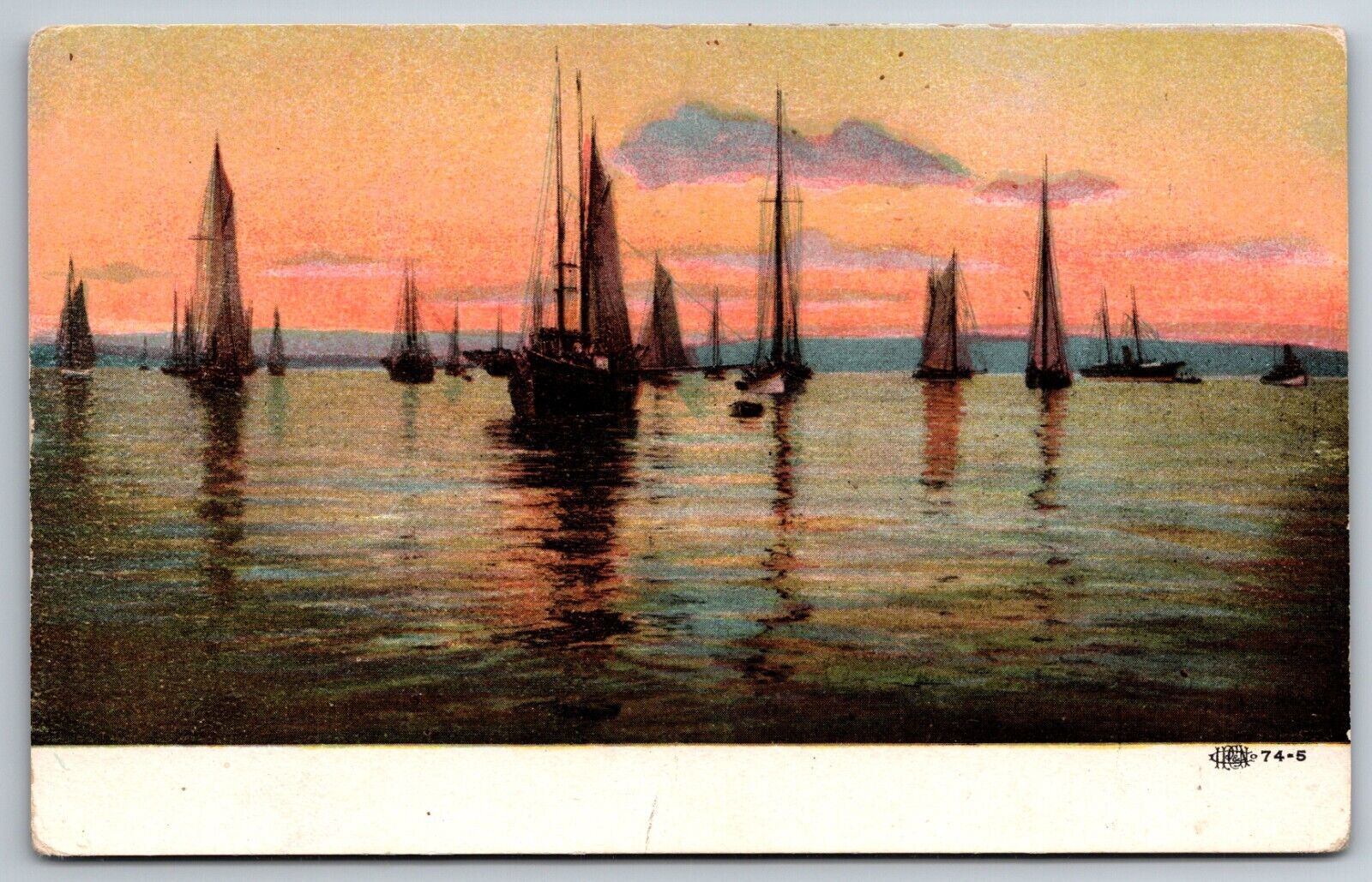 Vintage Sailboats on the Lake Sunset Painting Art Colorful  Postcard
