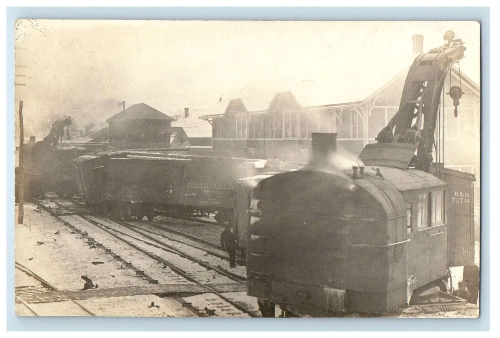 March 1913 B&0 Railroad Locomotive Crash Crane Train RPPC Photo Postcard