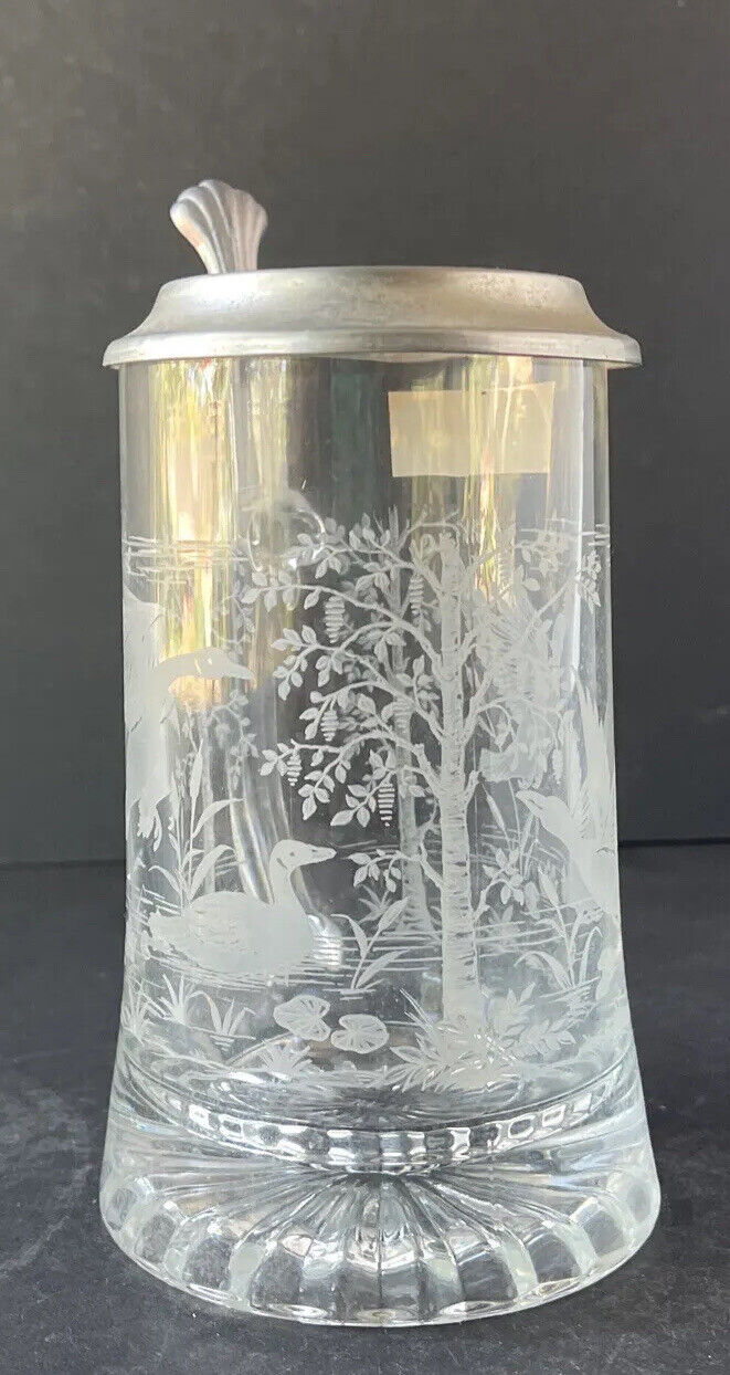 Vintage Glass Stein Etched Woodland Geese Ducks Pewter Lid Alwe West Germany