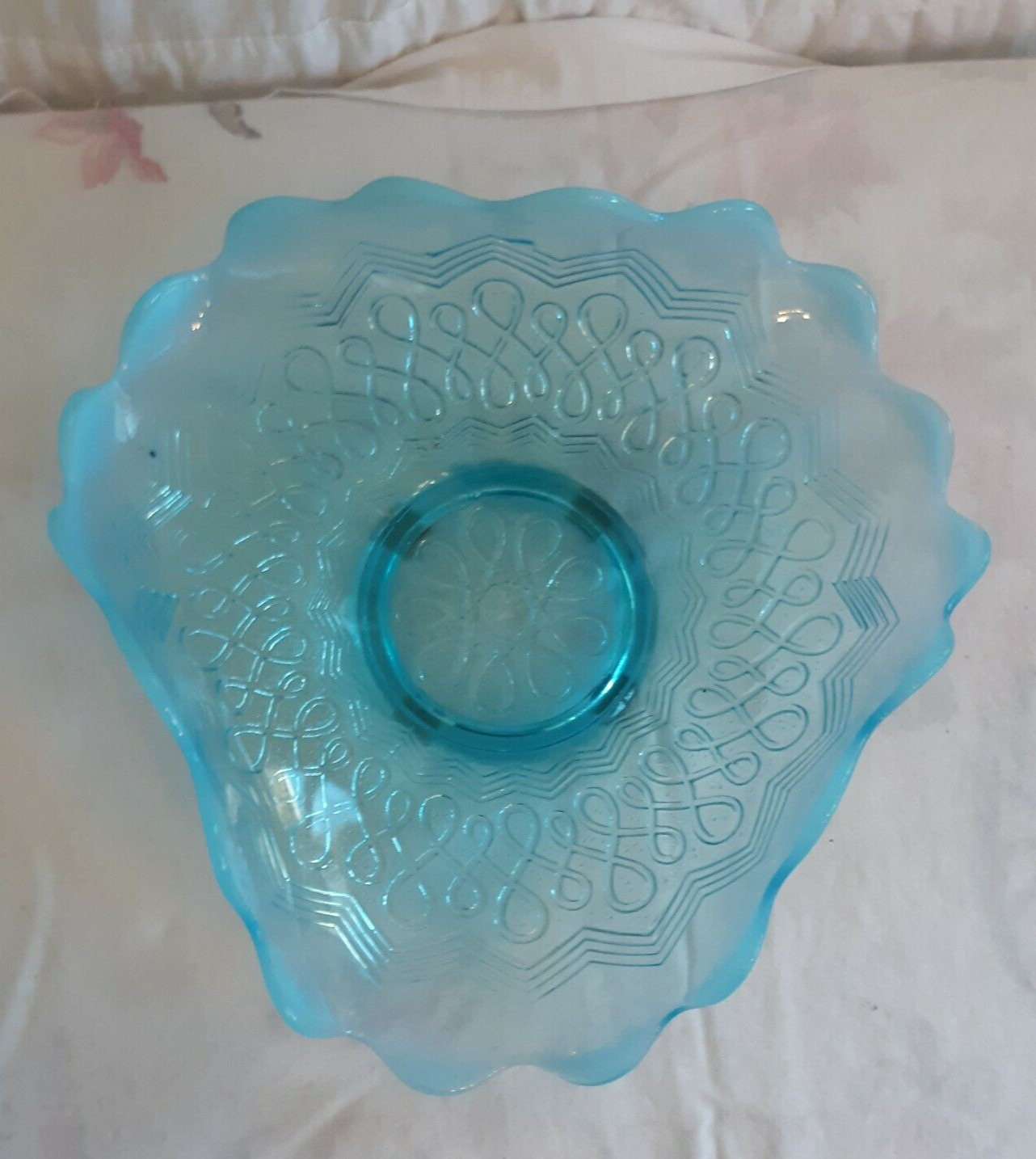 Antique Jefferson Glass Blue Opalescent Bowl Candy Dish Many Loops Pattern 