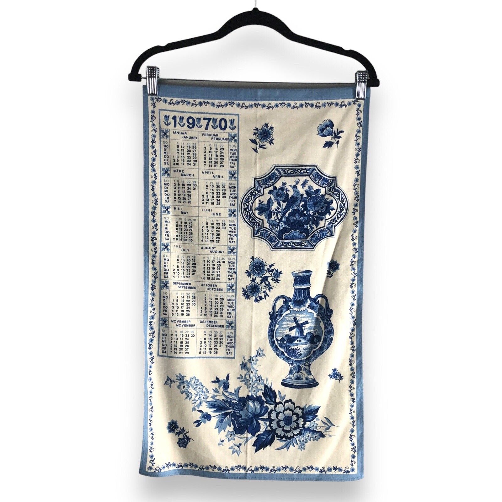 Vintage Tea Towel 1970 Calendar White Blue Dutch Holland Wall Hanging Classic