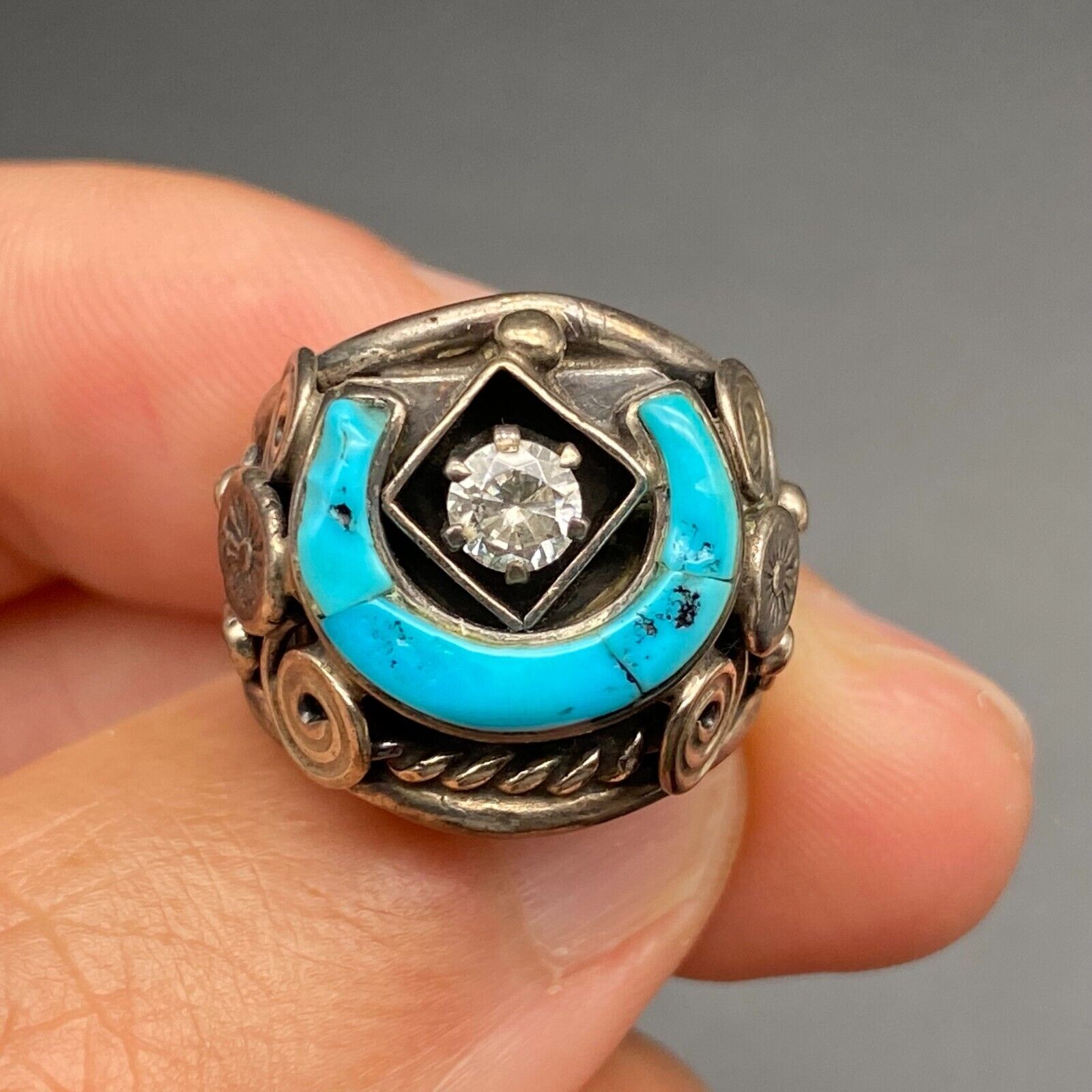Vintage Southwestern Turquoise Horseshoe Sterling Silver Ring Size 4