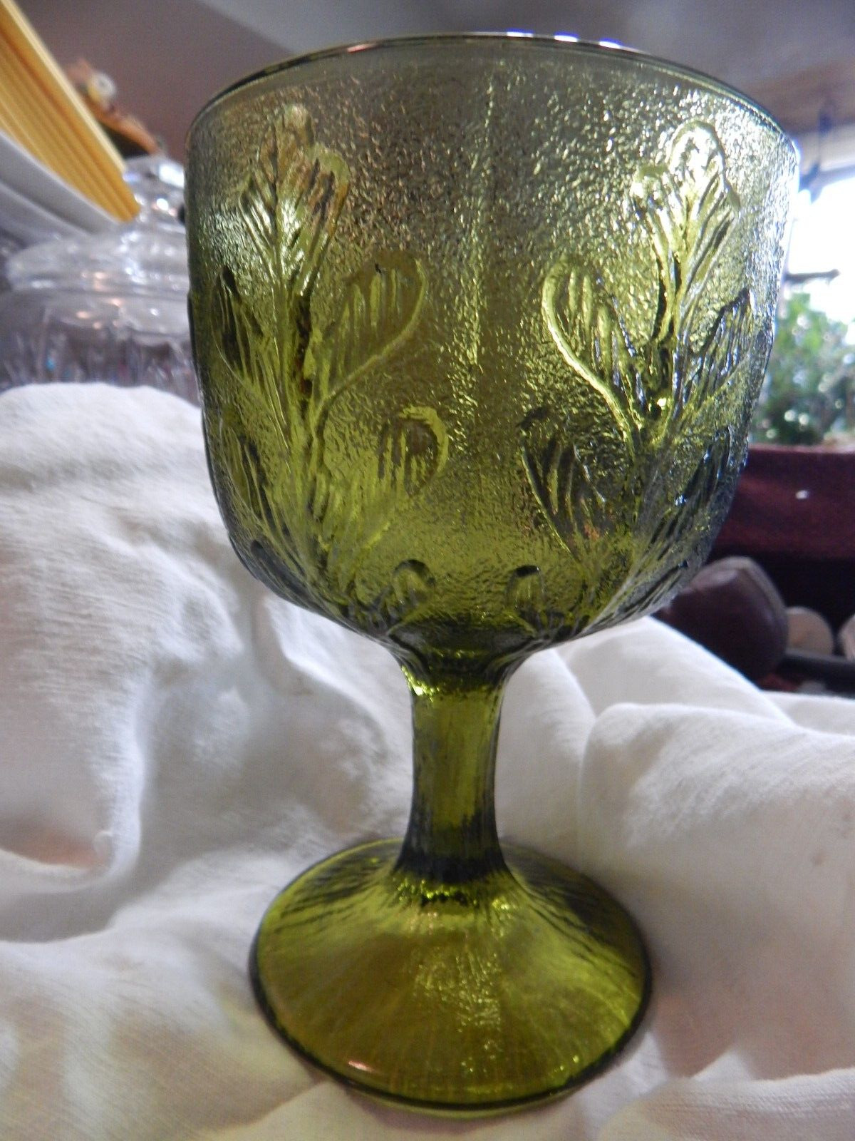 Green Glass Goblet FTD 70s Olive Color Vase Planter Oak Leaf Design 6.5\