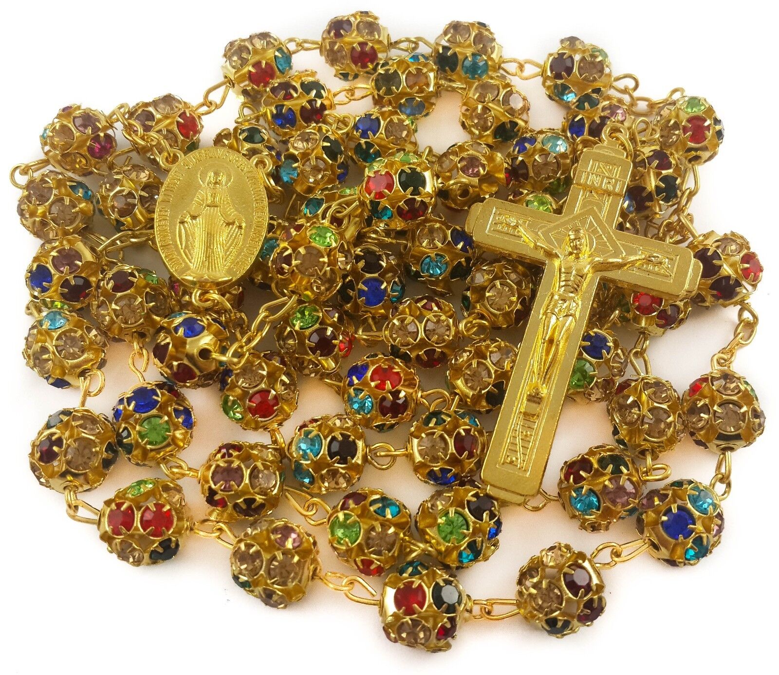 Colorful Zircon Beads Golden Rosary Catholic Necklace Miraculous Medal Cross