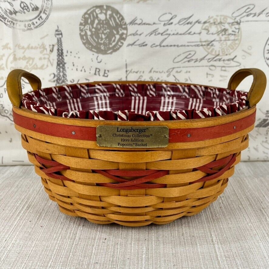 Longaberger 1999 Popcorn Basket with Liner and Plastic Protector 10.5 x 5 H