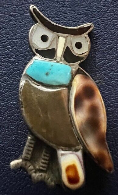 Zuni attr. Blake & Velma Lesansee Owl Channel Inlay Pin Brooch Book Piece