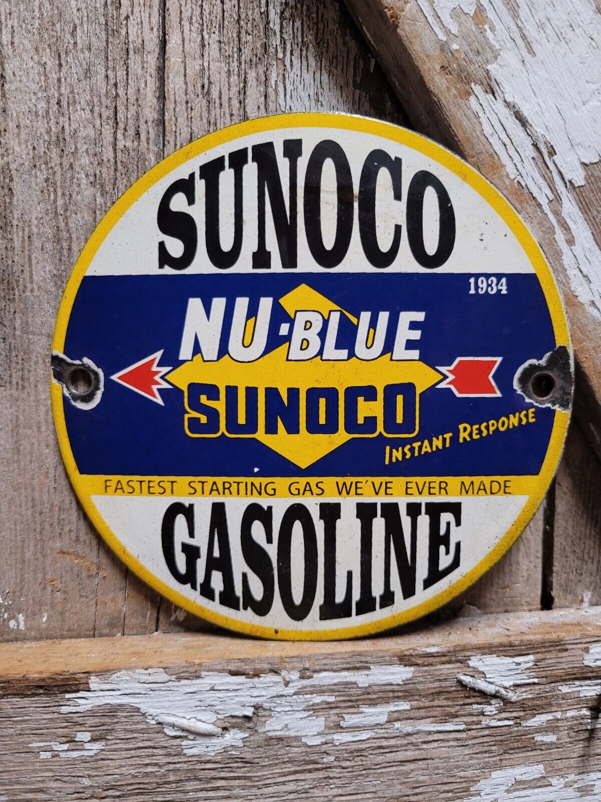 VINTAGE SUNOCO PORCELAIN SIGN NU-BLUE GASOLINE ADVERTISING OLD GAS PUMP PLATE