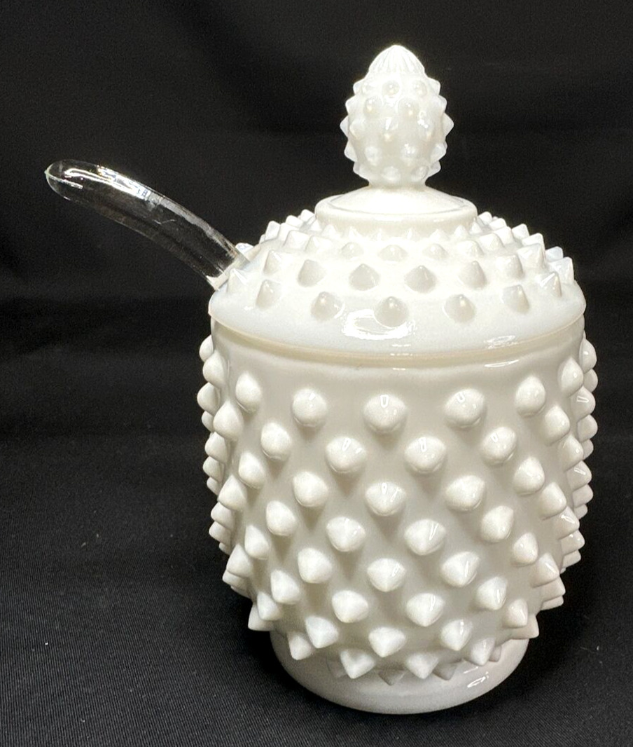 Hobnail Milk Glass Sugar Bowl with Lid & Glass Spoon Vintage Gift Replacement