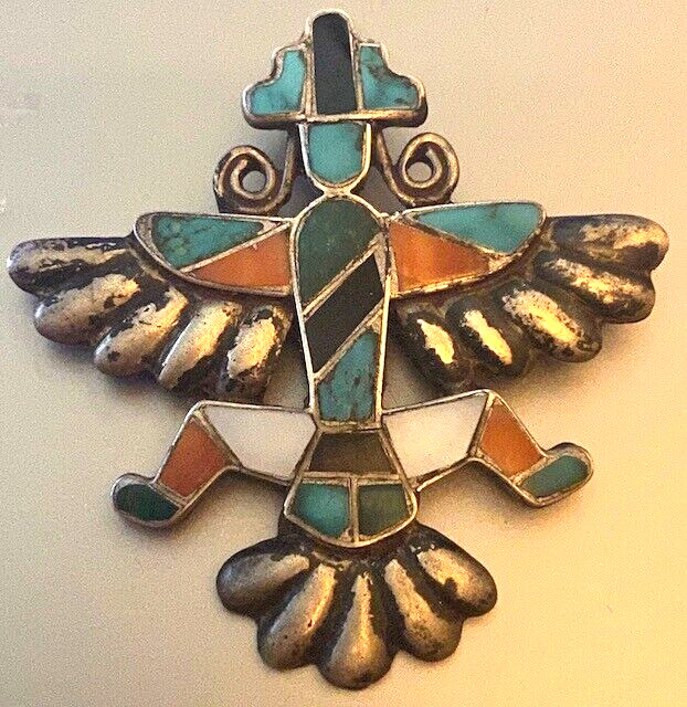 Zuni attr. Horace Iule Early Cast  Knifewing Pin Inlaid Turquoise,Red Abalone
