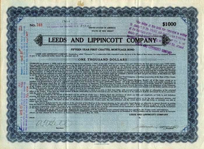 Leeds and Lippincott Co. - $1,000 Bond - General Bonds